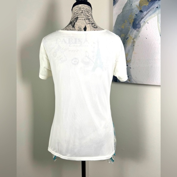 Chic White and Blue Floral Embroidered with Beading Women's Blouse - Picture 5 of 9